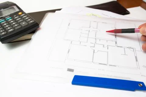 A calculator and a  project Foto stock