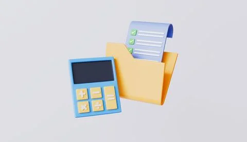 Calculator and yellow folder with checklist, document organization, financial Stock Illustration