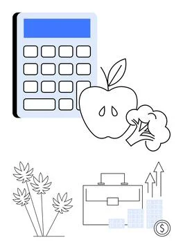 Calculator, apple, and broccoli emphasize budgeting for health. Trees symboli Stock Illustration