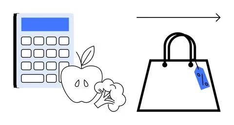 Calculator with apple and broccoli next to shopping bag with blue tag and b.. Illustrazione stock