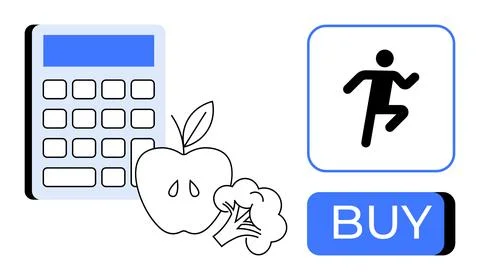 Calculator, apple, broccoli, exercise icon, and BUY button emphasize health.. Stockillustratie