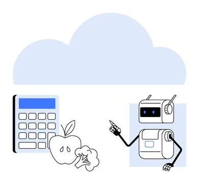 Calculator apple, broccoli in front of cloud with robot pointing. Ideal for t Illustrazione stock