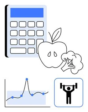 Calculator apple broccoli graph weightlifting symbol emphasizing wellness nut Stock Illustration