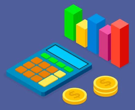 Calculator, bar chart and stack of dollar coins, monetary symbols. Trade Stock Illustration