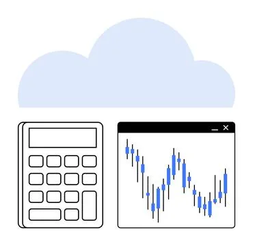 Calculator beside a candlestick chart under a cloud shape. Ideal for finance, Stockillustratie