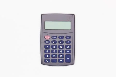 Calculator with big blue buttons with empty digital screen on a white background Stock Photos