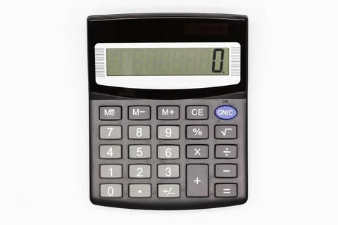 Calculator with big buttons and zero on the digital screen on a white background Stock Photos