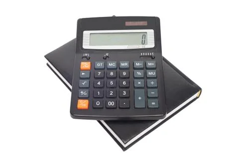 Calculator with black notepad on a white background Stock Photos