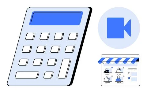 Calculator with blue display, video camera icon, and online store interface.  스톡 일러스트