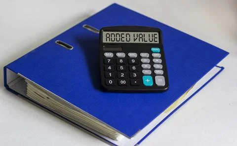 Calculator with blue folder on white background - words on calculator display Stock Photos