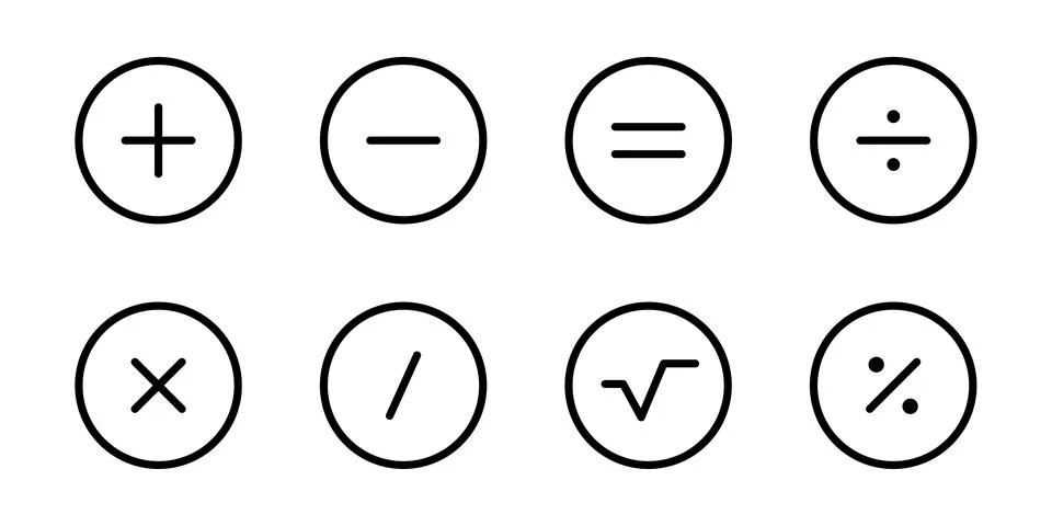 Calculator buttons icon set. Plus, minus and equals symbols. Multiply and d.. Stock Illustration