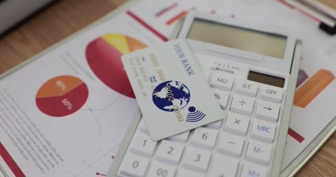 Calculator card financial documents and analytics Vídeo Stock 259168748