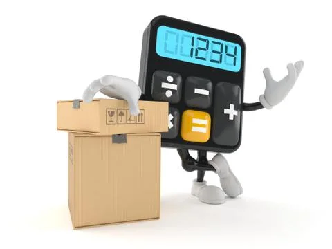 Calculator character with stack of boxes Stock Illustration