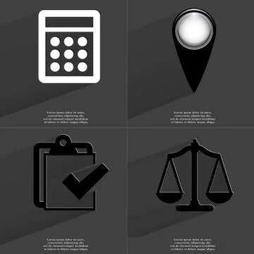 Calculator, Checkpoint, Task completed icon, Scales. Symbols with long shadow. F Illustrazione stock