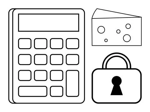 Calculator, Cheese, and Padlock Elements Representing Security, Mathematics.. Stock Illustration