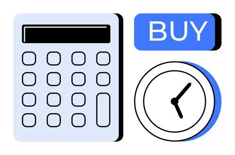 Calculator, Clock, and Buy Button Representing Time and Purchasing Decisions Illustrazione stock
