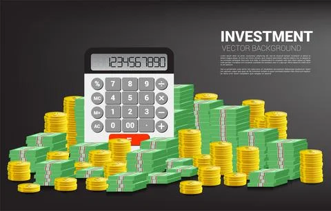 Calculator with coin and banknote stack. Concept for business investment and  Stockillustratie
