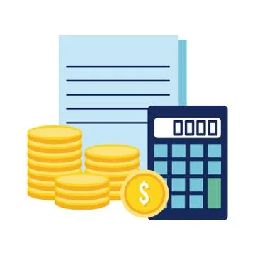 Calculator with coins and documents flat style icon Illustrazione stock