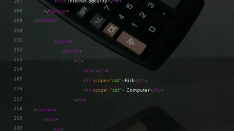 Calculator entering from top-right rotating across dark tabletop, code showing Stock Footage 330675942