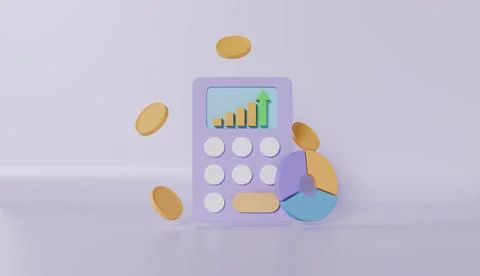 Calculator with graph pie chart, bar chart, floating coins on pink background Stock Illustration