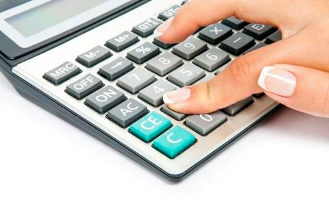 Calculator with hand Stock-Fotos