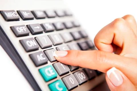 Calculator with hand Stock-Fotos