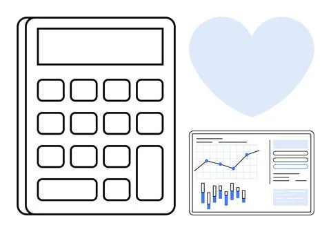 Calculator, heart shape, and data charts with graphs and statistics. Ideal fo イラスト素材