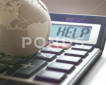 Calculator with help and globe Stock Illustration
