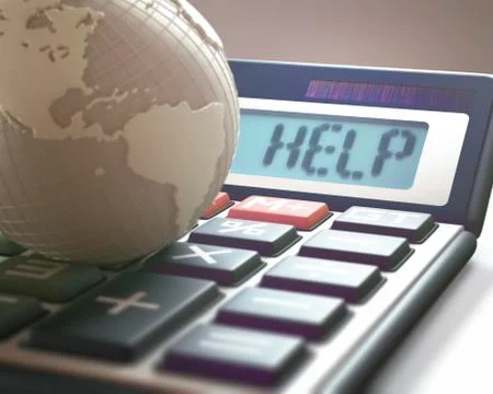 Calculator with help and globe Stock Illustration