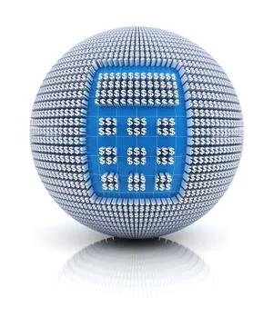 Calculator icon on globe formed by dollar sign, 3d render Stock Illustration