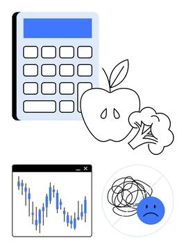 Calculator next to apple and broccoli, indicating healthy choices. Graph wind イラスト素材