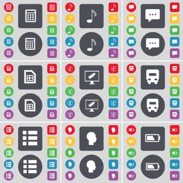Calculator, Note, Chat bubble, File, Monitor, Truck, List, Silhouette, Battery i Stock Illustration