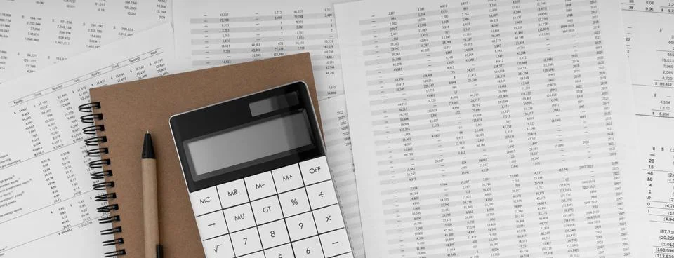 Calculator with notebook on financial statement. Stock Photos