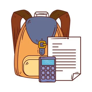 Calculator with paper document and school bag in white background Illustrazione stock