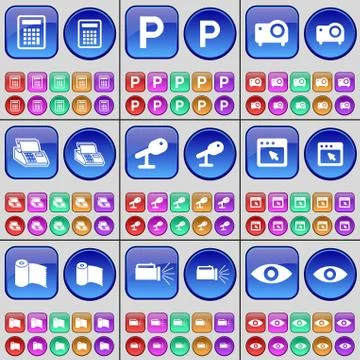 Calculator, Parking, Projector, Printer, Microphone, Window, Paper towel, Flashl Stock Illustration