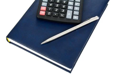 Calculator pen and notebook Stock Photos
