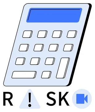 Calculator with RISK text, exclamation mark in triangle, and video camera ico Stock Illustration