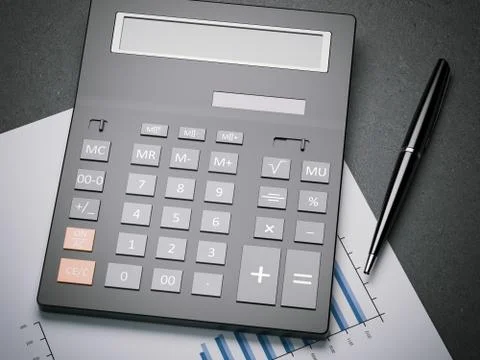 Calculator on a sheet with charts. 3d rendering Fotos Stock