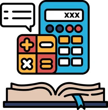 A calculator is shown next to a book with a speech bubble above it イラスト素材