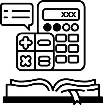 Calculator is shown next to a book with a speech bubble above it イラスト素材