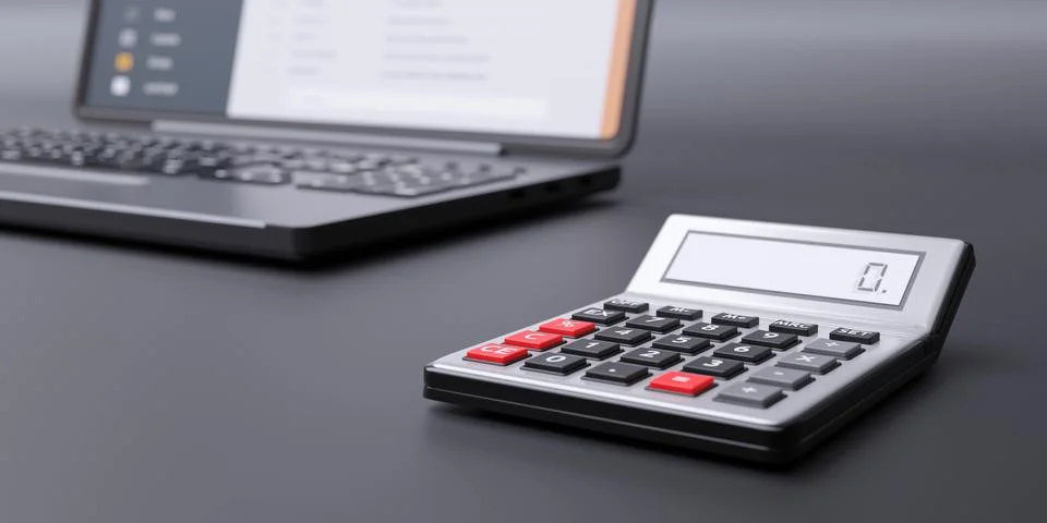 Calculator silver digital, zero screen and opened computer laptop on office t Stock Illustration