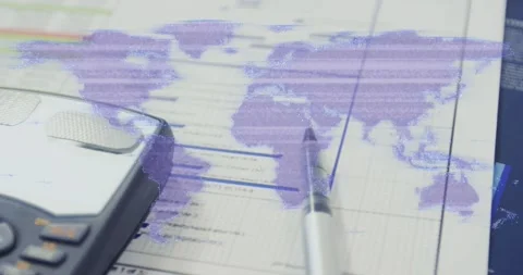 Calculator sliding into frame, shifting focus from docs to chart, pen and purple Stock Footage 331165571