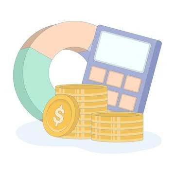 Calculator, stack of coins, and financial graph or chart. Financial management. Stock Illustration