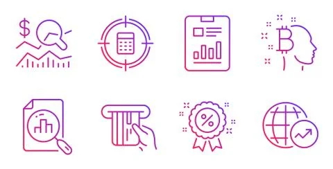 Calculator target, Report document and Check investment icons set. Vector Illustrazione stock