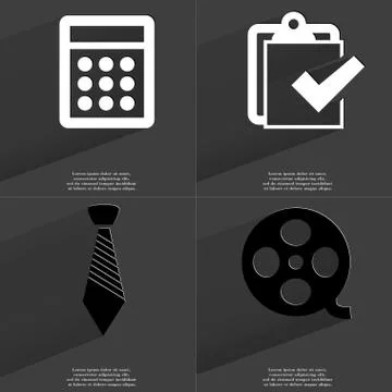 Calculator, Task comleted, Tie, Videotape icon sign. Set of Symbols with Flat Stock Illustration