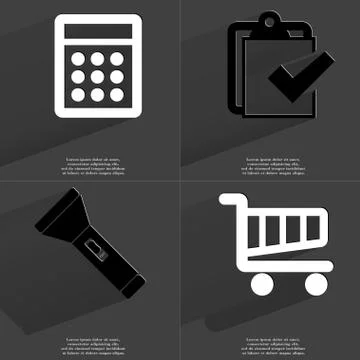 Calculator, Task completed icon, Flashlight, Shopping cart. Symbols with long sh Stock Illustration