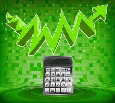Calculator under green rising zig zag arrow vector illustration Illustrazione stock