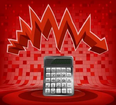 Calculator under red descending zig zag arrow vector illustration Illustrazione stock