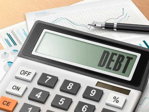 Calculator with the word debt Stock Illustration