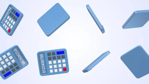 Calculators Falling on a Light Blue Background. Stylized Calculator 3D Animation Stock Footage 299607682